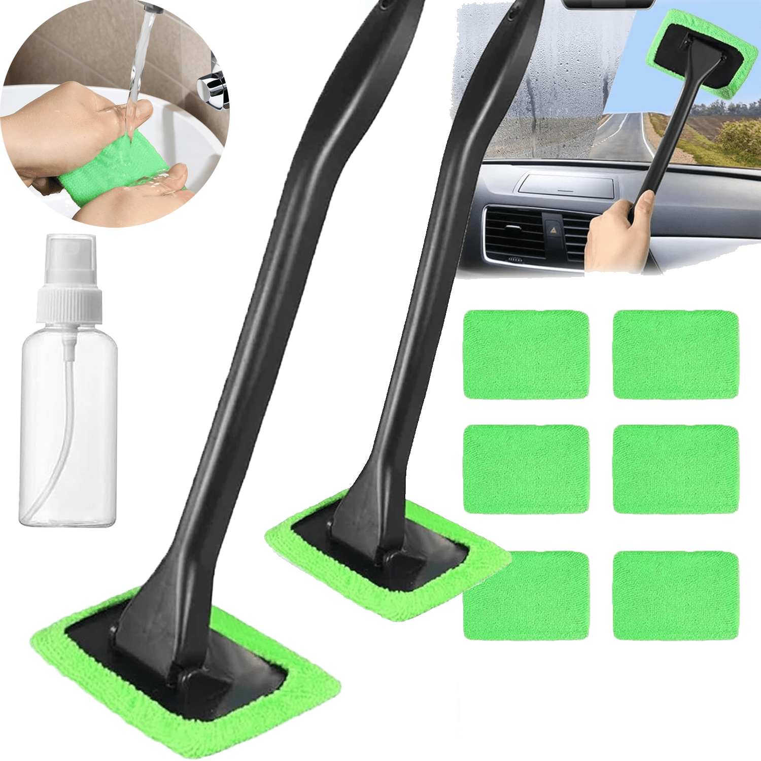 E-shop 9-teiliges Set zur Reinigung von Auto-Windschutzscheiben, mit 6 waschbaren -Faser-Pads, einem ausziehbaren Griff zum Fensterputzen und einem