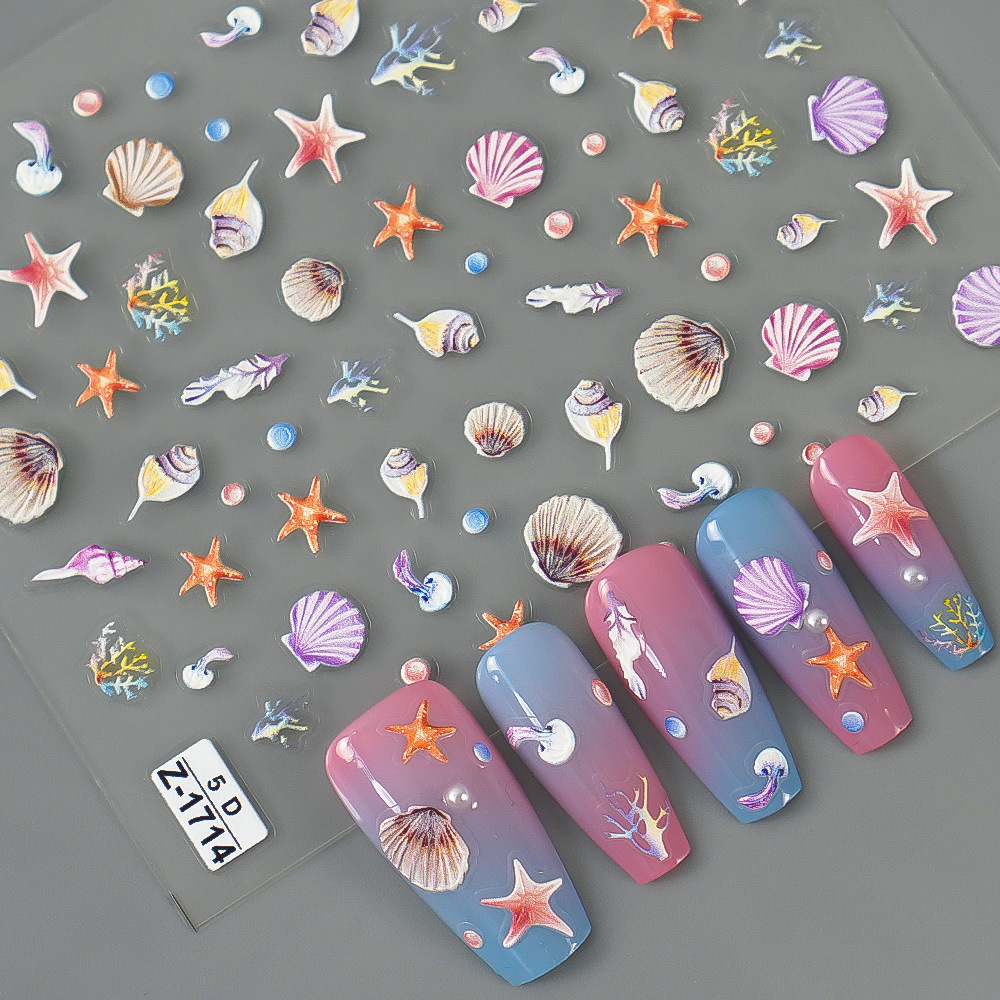 

4pcs 5d Embossed Ocean-themed Nail Art Stickers - Self-adhesive Shell &starfish Decals For , Salon Use &diy Nail Decor