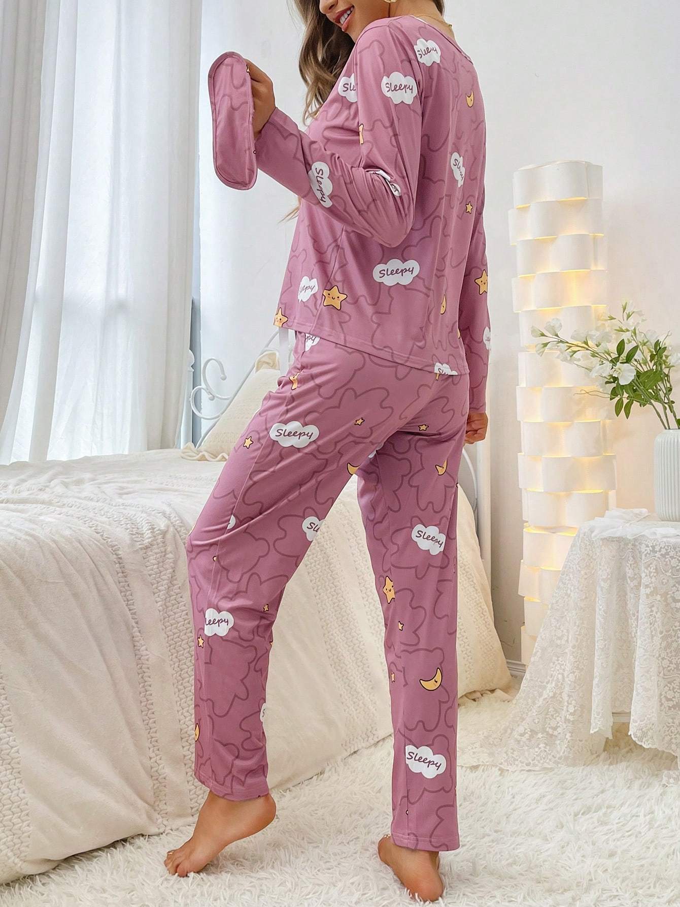 3 sets of 6pcs womens casual polyester tricolor long sleeved top long pants pajama set with eye mask doughnut doll bear moon and   fabric long sleeved top with trousers   casual loungewear     outs Product details 4