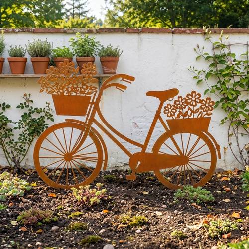 Artikelbild 【2d flat】 rostiger metall fahrrad gartenstecker, stahl fahrrad blumen pflanzkasten kunst, rustikale hinterhof deko, einzigartiges einzugsgeschenk für