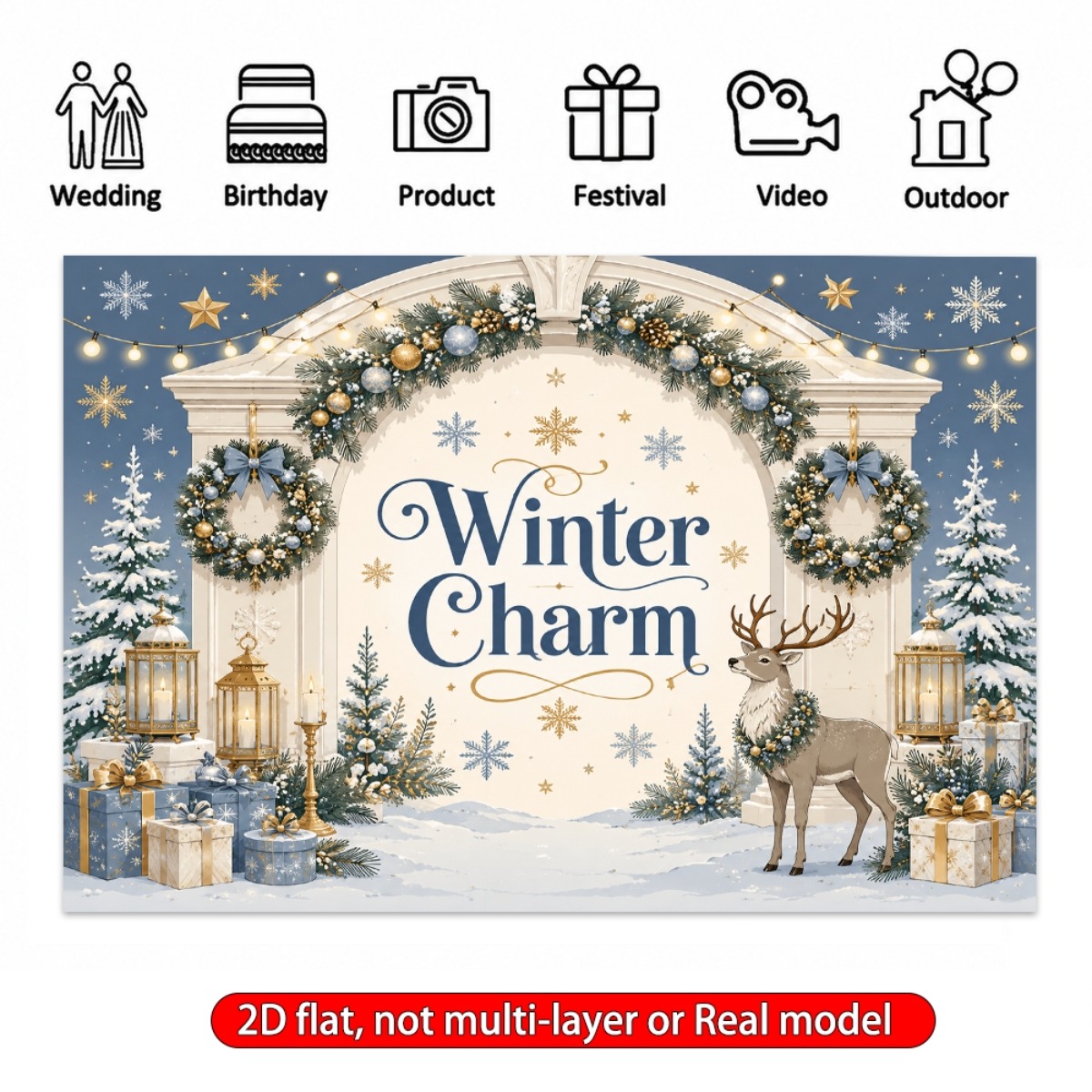 item picture 2d flat 1pc   photo booth backdrop banner with   wreaths reindeer snowflakes elegant script lettering suitable for parties weddings birthdays graduations wall hanging decoration for entrance decor