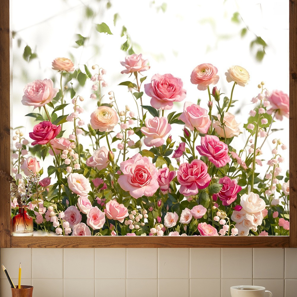 TEMU 2d Artistic Rendering Rose Floral Pattern Static Sticker, Creative Decor Decal For Commercial Doors And Windows
