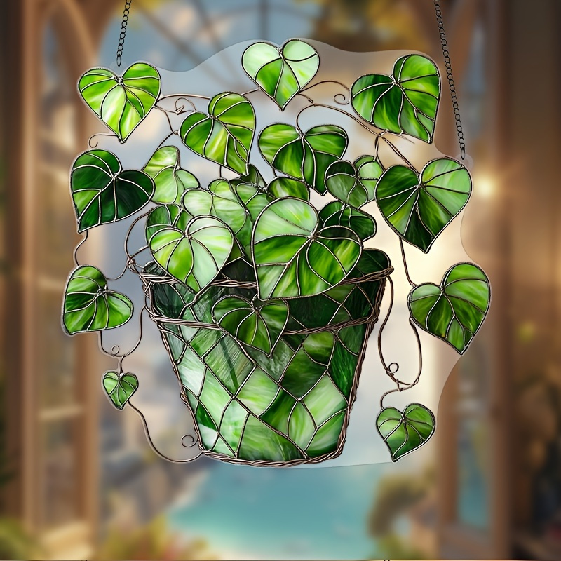 

1pc Green -shaped Suncatcher, 8"x8" Plastic Stained Hanging Garden Decor, Housewarming Gift, Festive Indoor Plant Lover , Porch Bedroom Office Home Decoration, Outdoor Patio Ornament