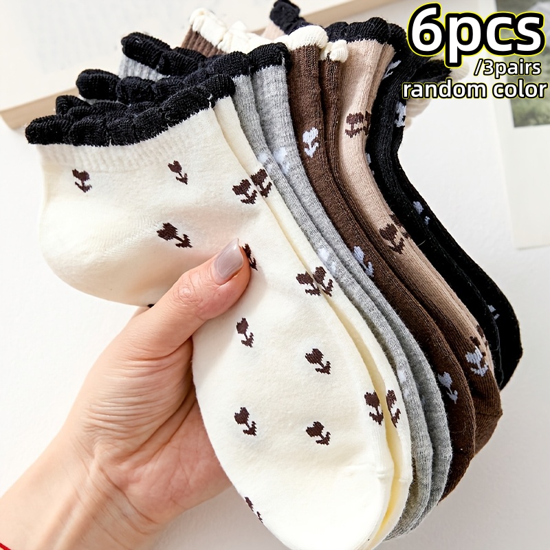 TEMU 6pcs/3pairs Women's Elegant Floral Ankle Socks - Breathable, Lightweight, And Invisible For Spring/summer Daily Casual Wear, With A Loose Cuff