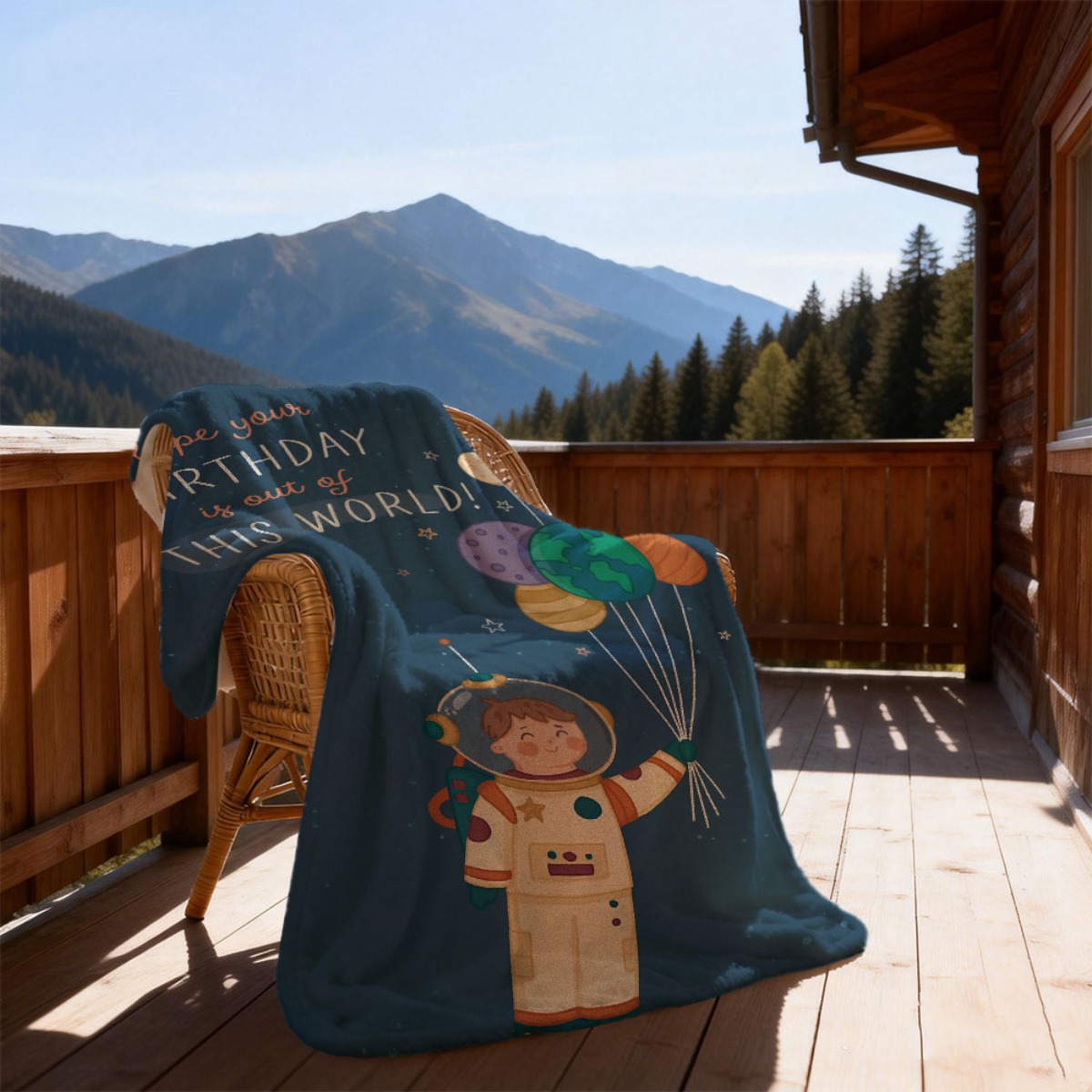 one large comfortable flannel throw featuring a cute astronaut with balloons and planets design made from 100 polyester suitable for   machine washable   travel picnics and home decoration with a modern space theme