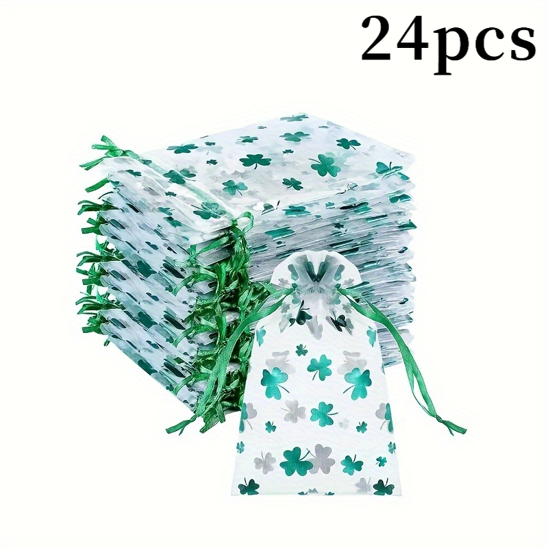 Image of 12/24pcs Print Bags With Drawstring | 's Day Jewelry Storage Bags, Festive Clover Design, Suitable For Party Gifts And Decorations