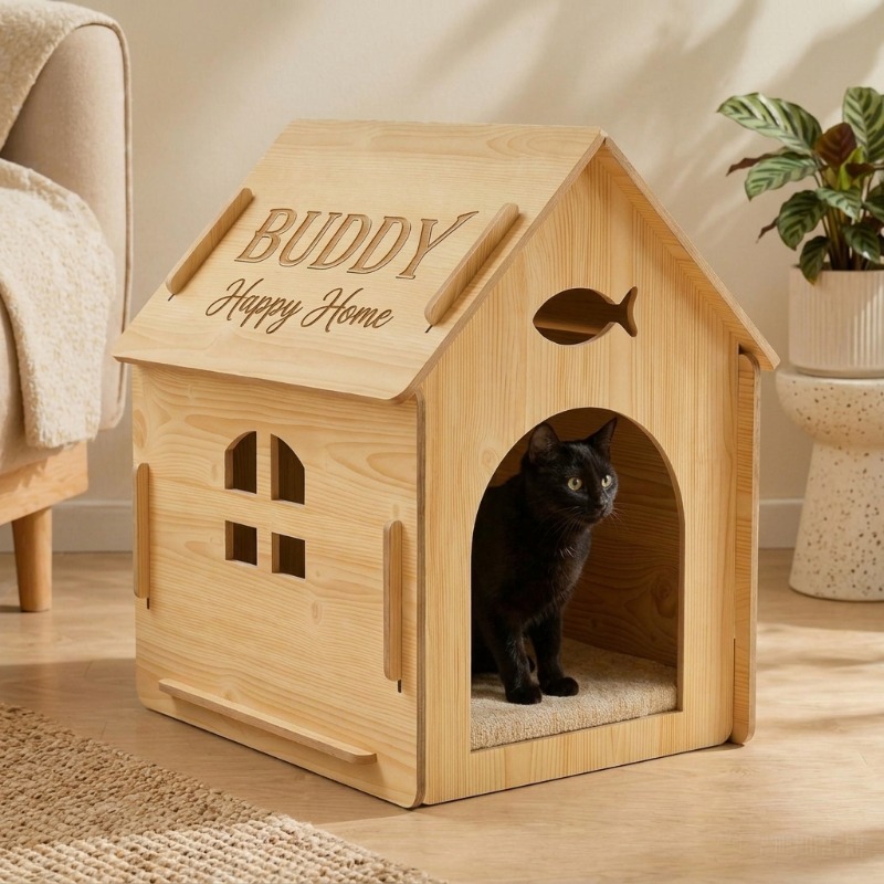Custom Engraved Pet Name Modular Assembled Wooden Indoor Cat House, Personalized Fish Cutout & Window Cozy Shelter, Rustic, Spacious Private Nest for Furry Friends, Unique Gift to Build Warm Exclusive Space for Beloved Cats