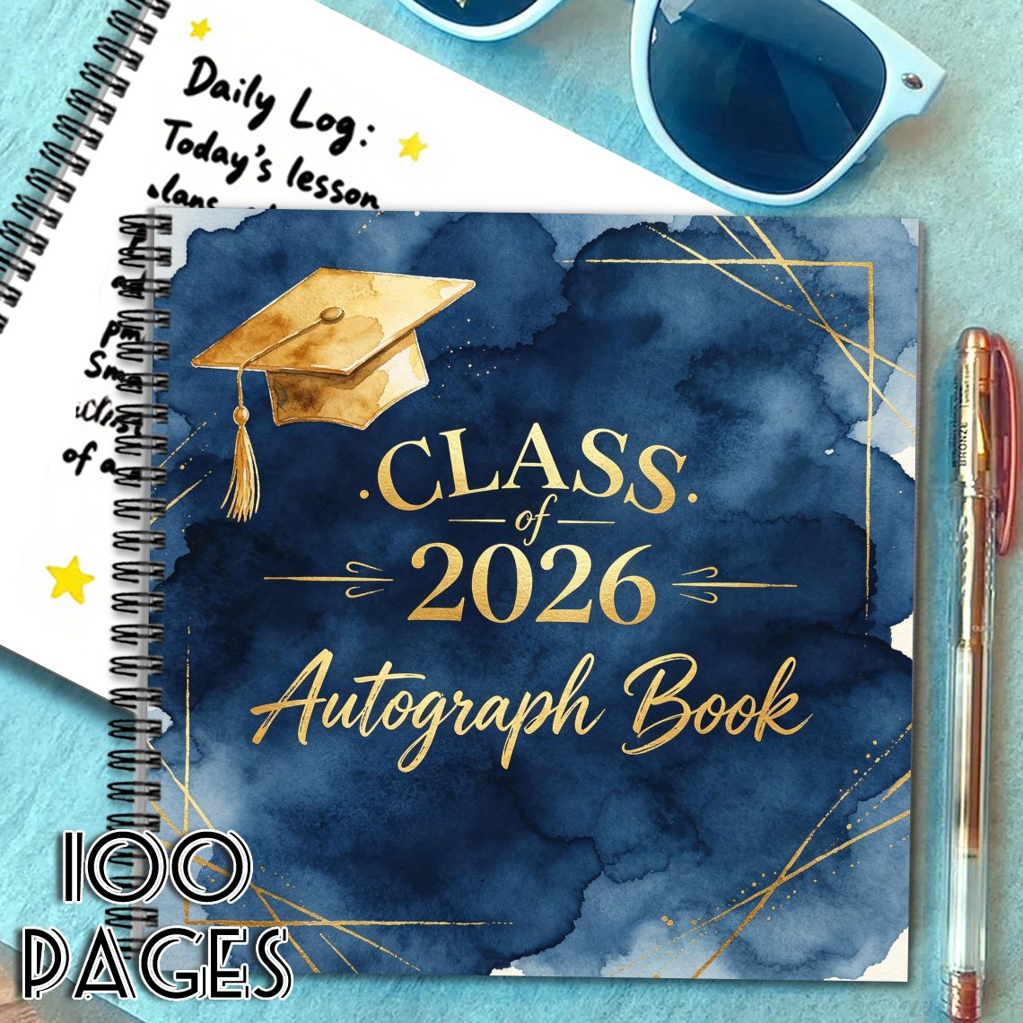 TEMU 1pc Class Of 2026 Blue Golden Watercolor Graduation Themed Square Book, Signature Guest Message Book Ideal Gift For Suitable For Various