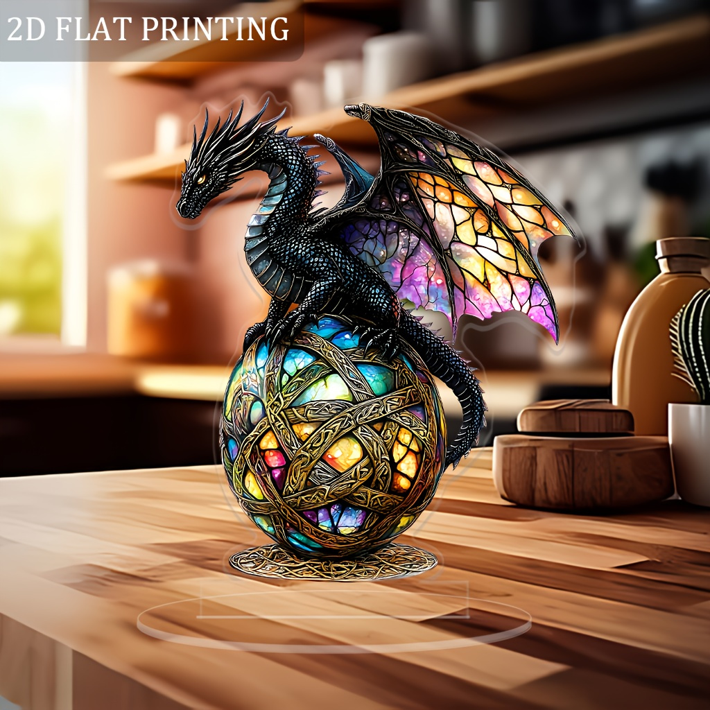 

[1pc Stained Glass Dragon Figurine] Vintage Style Acrylic Dragon Figurine On , Stained Glass Dragon Statue, Gothic , Electricity-free, & Office Decor Collectible For Room Types
