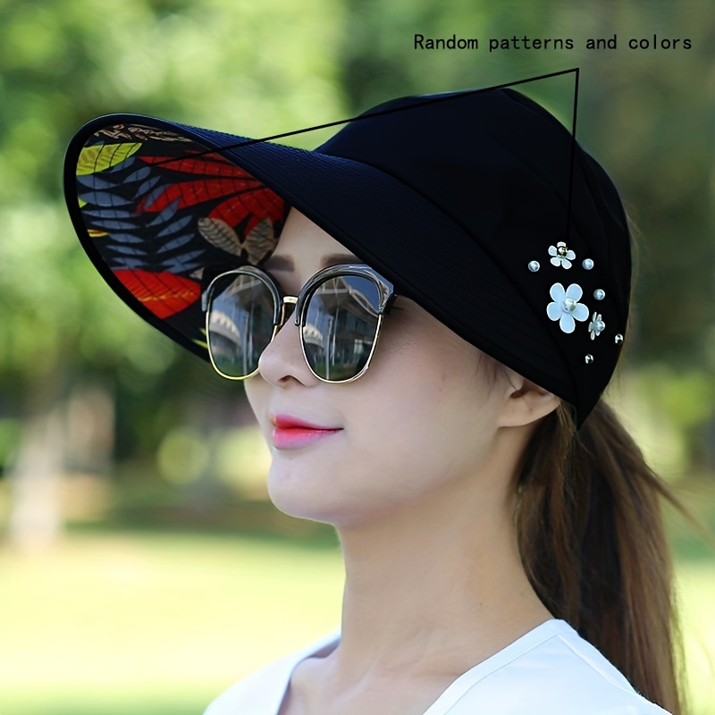 TEMU 1pc Women's Empty Hat, Ponytail Wide Brim Straw Hat With Faux Pearls And Floral Decor - Foldable, Lightweight Breathable, Suitable For Outdoor,