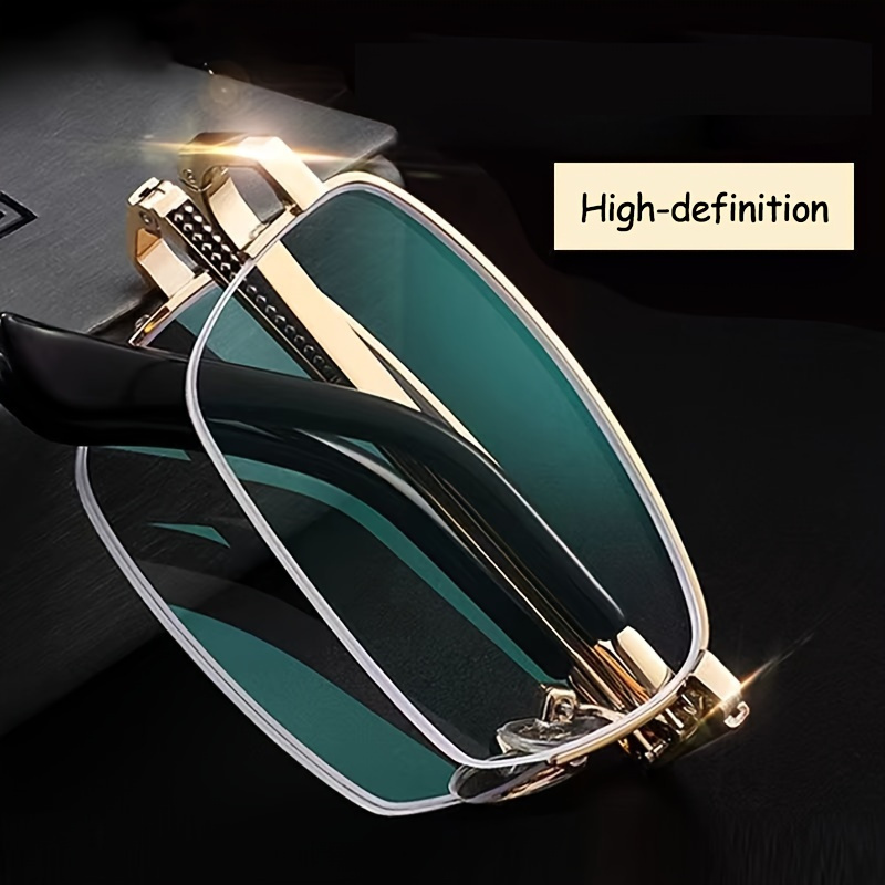 mens folding portable reading glasses rectangular stainless steel frames anti blue light ac lenses with faux leather case suitable for elderly travel portable eye care christmas gifts