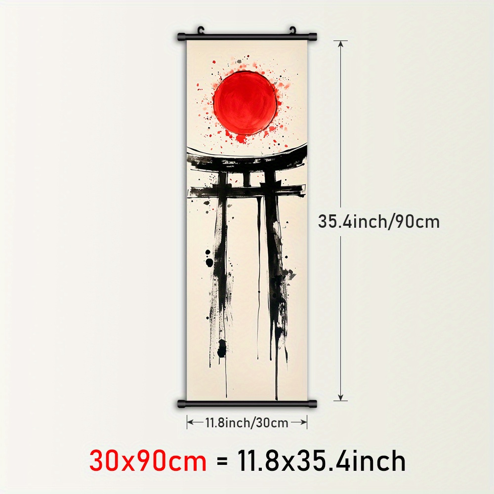 TEMU 2d Flat, 2d Flat, 1pc Framed Wall Art Featuring A Red Sun, A Painting Of A Torii Gate, A Canvas Poster From Japan, A Contrasting Plastic Hanging