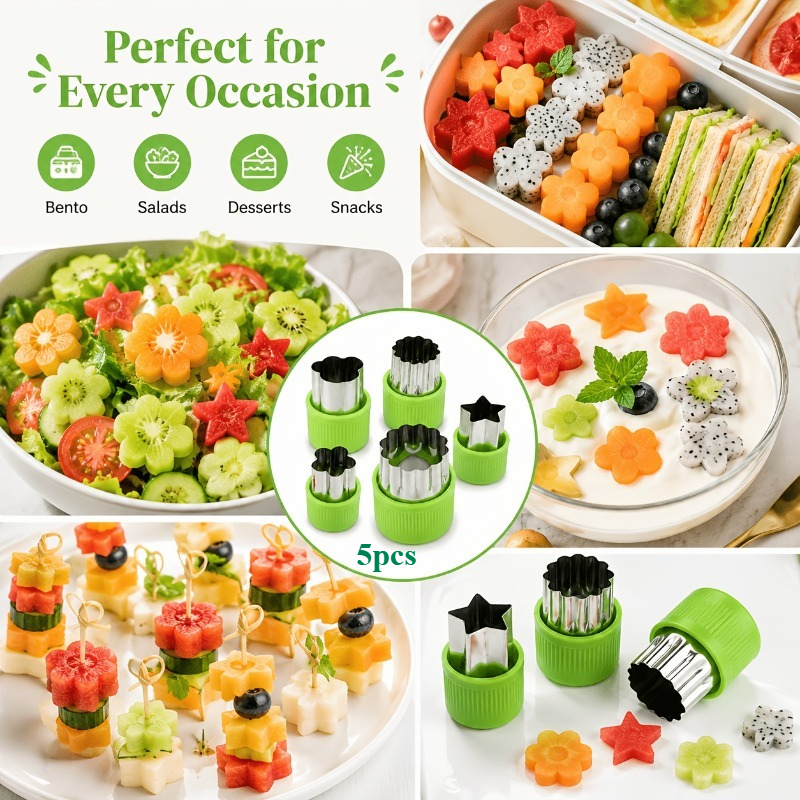 TEMU 5pcs Fruit And Vegetable Cutter Set, Stainless Steel Food Shape Molds, Handles, Creative Fruit Slicer For Watermelon, Carrots, , Vegetables, And