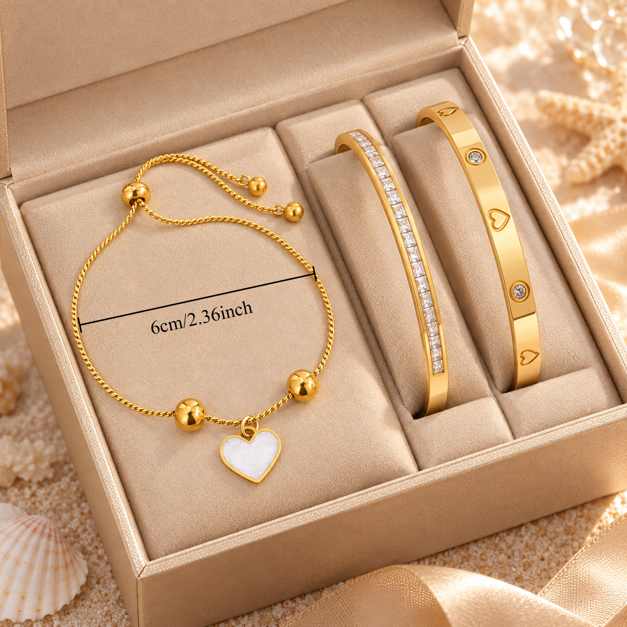 3pc Women's Stackable Jewelry Set, Heart Pendant & Zirconia