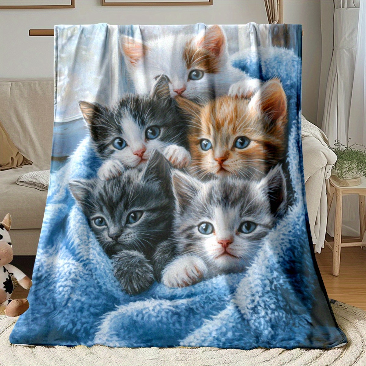 TEMU 1pc A Blanket Featuring Cats In A Blue Blanket Design - A Lightweight Flannel Throw Suitable For The Sofa, Bed, Travel, Living Room, Office,