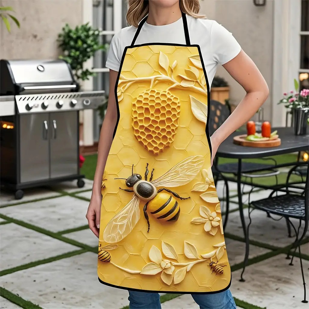 TEMU 1pc. Apron With Bee And Honeycomb Pattern - Vibrant Yellow Kitchen Apron Made Of Durable Polyester, Stylish Cooking And Cleaning Accessory For