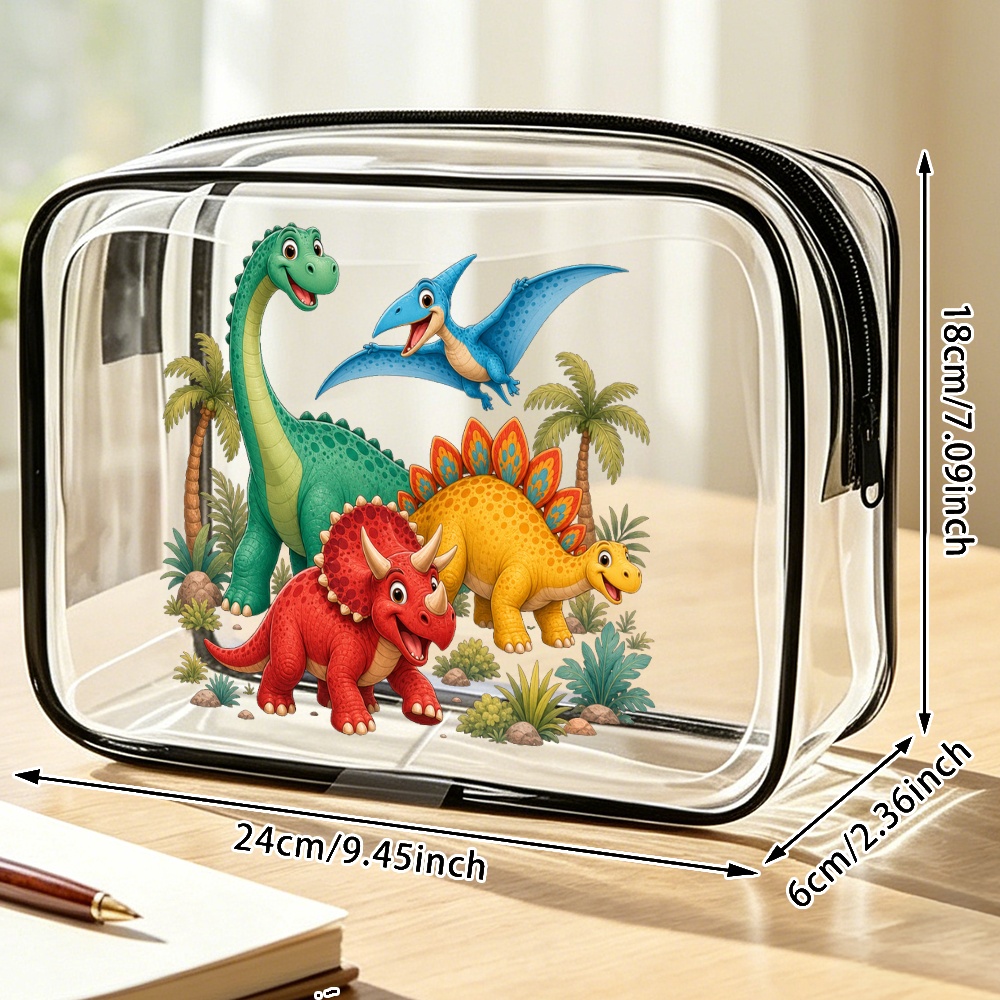 TEMU Toilet Bag Cute Dinosaur Pvc Clear Zipper Pouch, Cartoon Dino Pattern, Colorful , Travel Cosmetic Bag, Birthday Gift For Kids, Boys And Girls