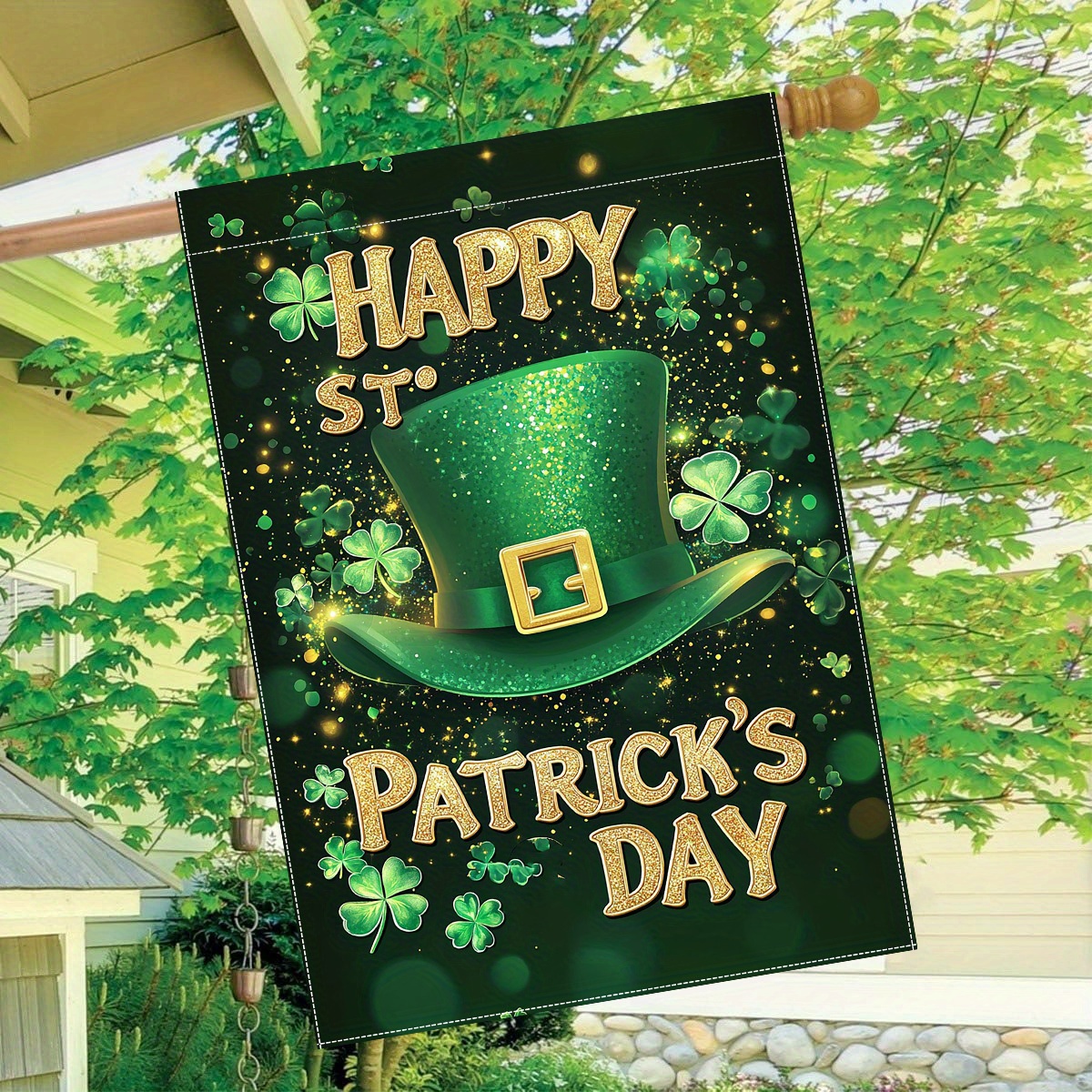 

1pc Happy 's Day Garden Flag - Double-sided Polyester Yard Decoration With And Clover Design, Outdoor Lawn Hanging Decor, No Flagpole