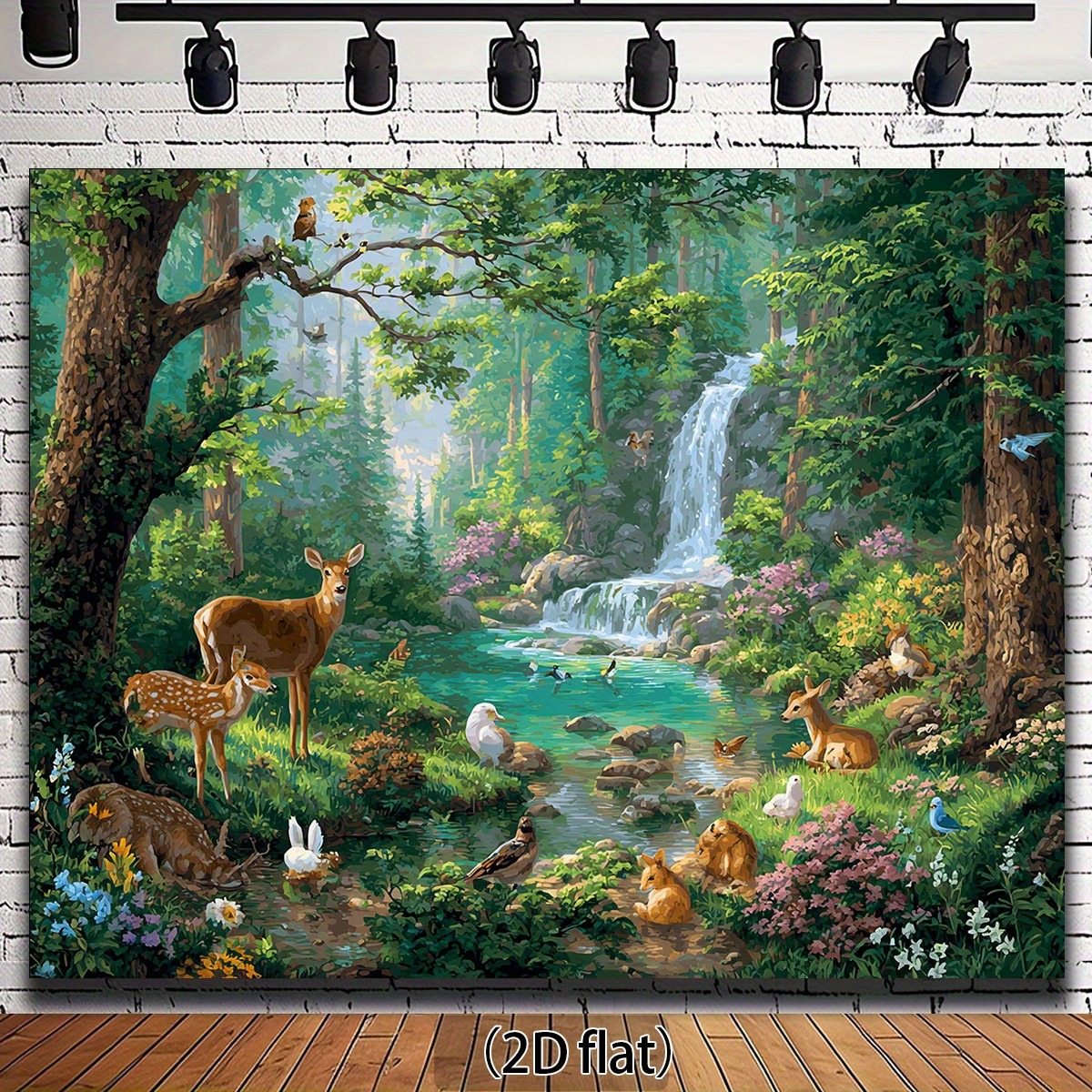 TEMU 2d Flat Banner, 1pc Photography Backdrop Large Self-adhesive Forest Wildlife Mural Wallpaper Brown Deer, Birds, Waterfall & , Nature-themed
