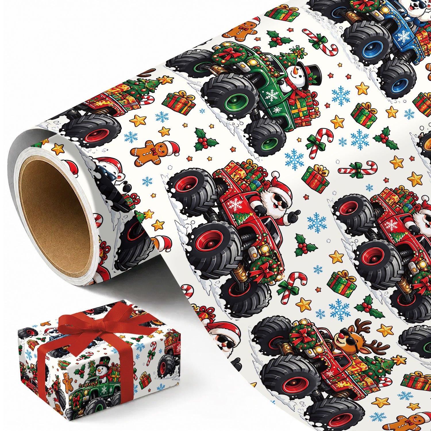 TEMU 1 Rouleau de Camion , Papier d'Emballage de Fêtes avec Dessins Animés de Camions Monstres Père Noël, , de Neige et Festifs, Thème Véhicule Cool
