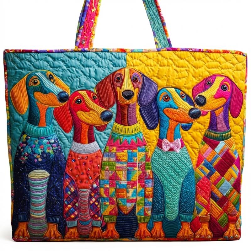 TEMU 1pc Colorful Dachshund Crew Quilted Tote Bag, 3d Print Shoulder Bag, Large Capacity Reusable Shopper, Whimsical Dog Lover Handbag For Women