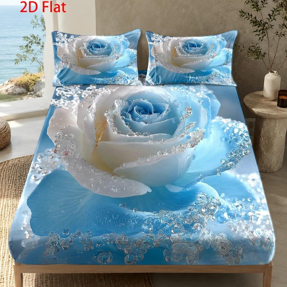 TEMU 3pcs Mattress Protector Set, 1 Fitted Sheet   2 Pillowcases, No Filling, Blue Gradient Rose Theme, , Valentine's Day, Romantic, Home Decor,