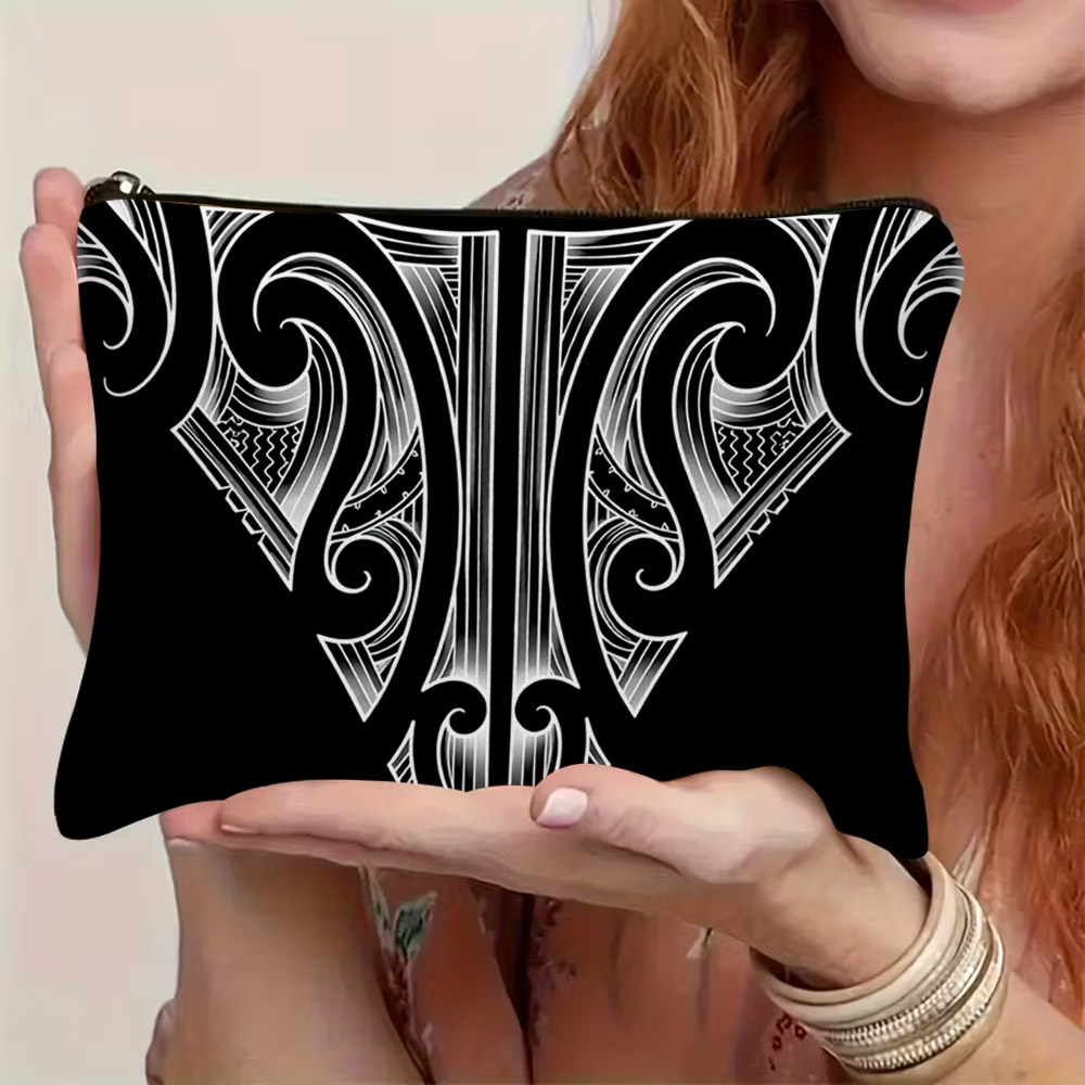 TEMU Māori Tribal Pattern Makeup Bag, 1pc 2d Flat Printed Black Pouch With Zipper Closure, Lightweight Durable Cosmetic Storage Bag, & Outdoor Use,