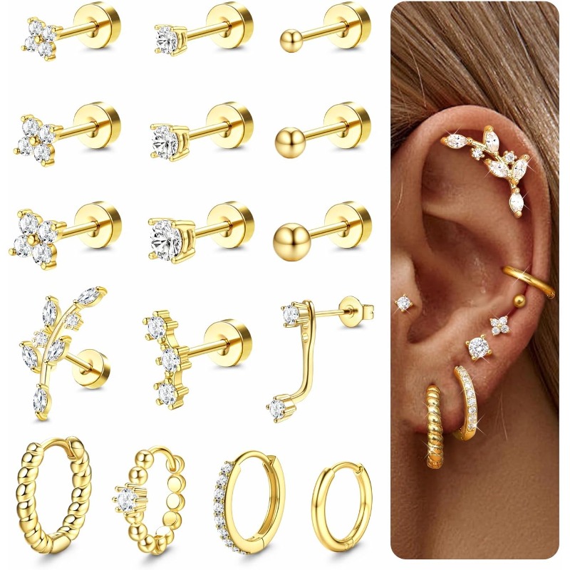 2d Flat, 16pcs Helix Piercings Surgical Steel Tragus Earrings Set Flat Back Earring Stud Flower Ear Piercing Cartilage Hoop Earrings Silvery Golden Conch Daith Tragus Piercing Jewellery