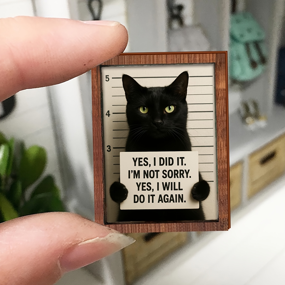 TEMU 2d Flat - 1pc 2d Mini Retro Single-layer Funny Cat Holding Design Wall Art Decoration Wooden Sign, Farmhouse Wooden Frame Mini Sign, Miniature