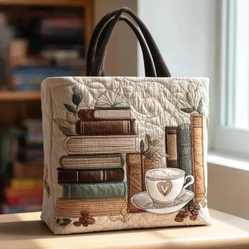 Retro Book& Coffee Quilted Tote Bag, Dark Academia Library Purse, Large Capacity Shoulder Handbag For Book Lovers& Teachers
