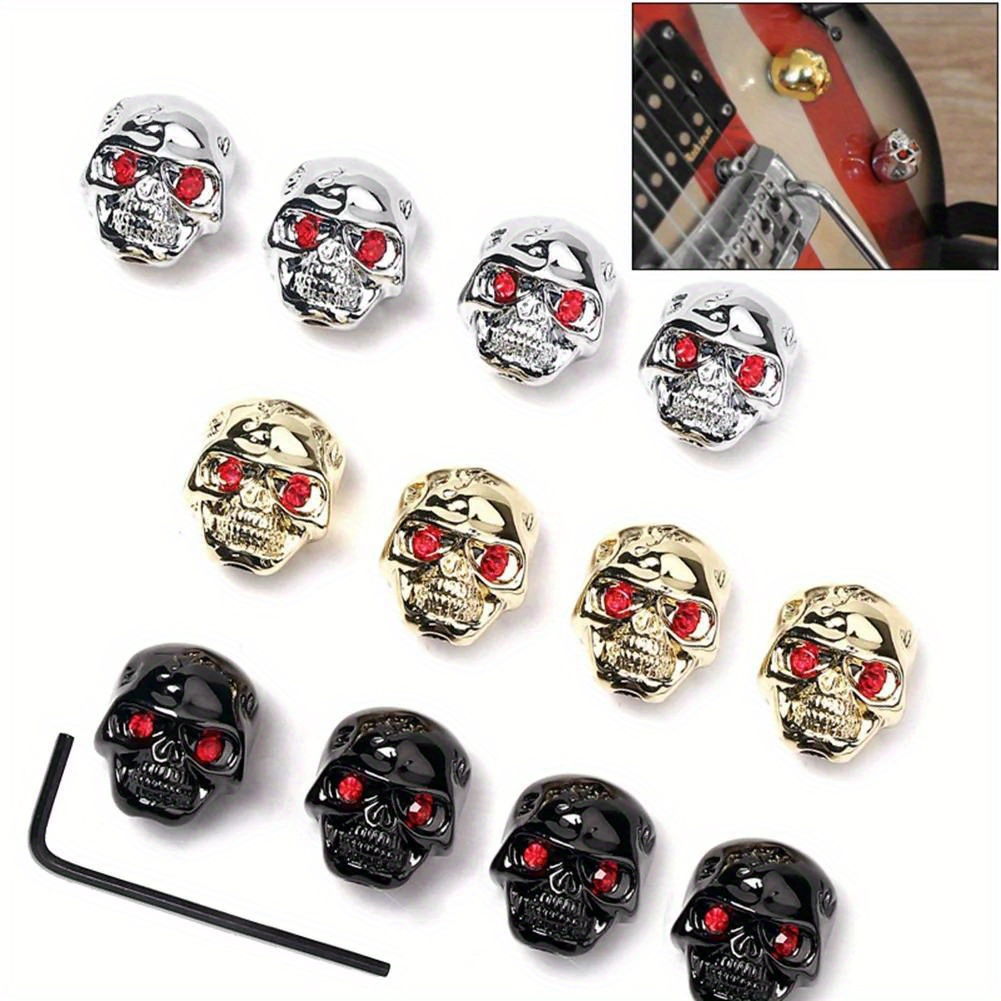 Set of 4 Skull-Shaped Metal Volume Knob Caps for Electric Guitars, Designed for Both Guitar And Bass, Featuring a Creative Color Design.