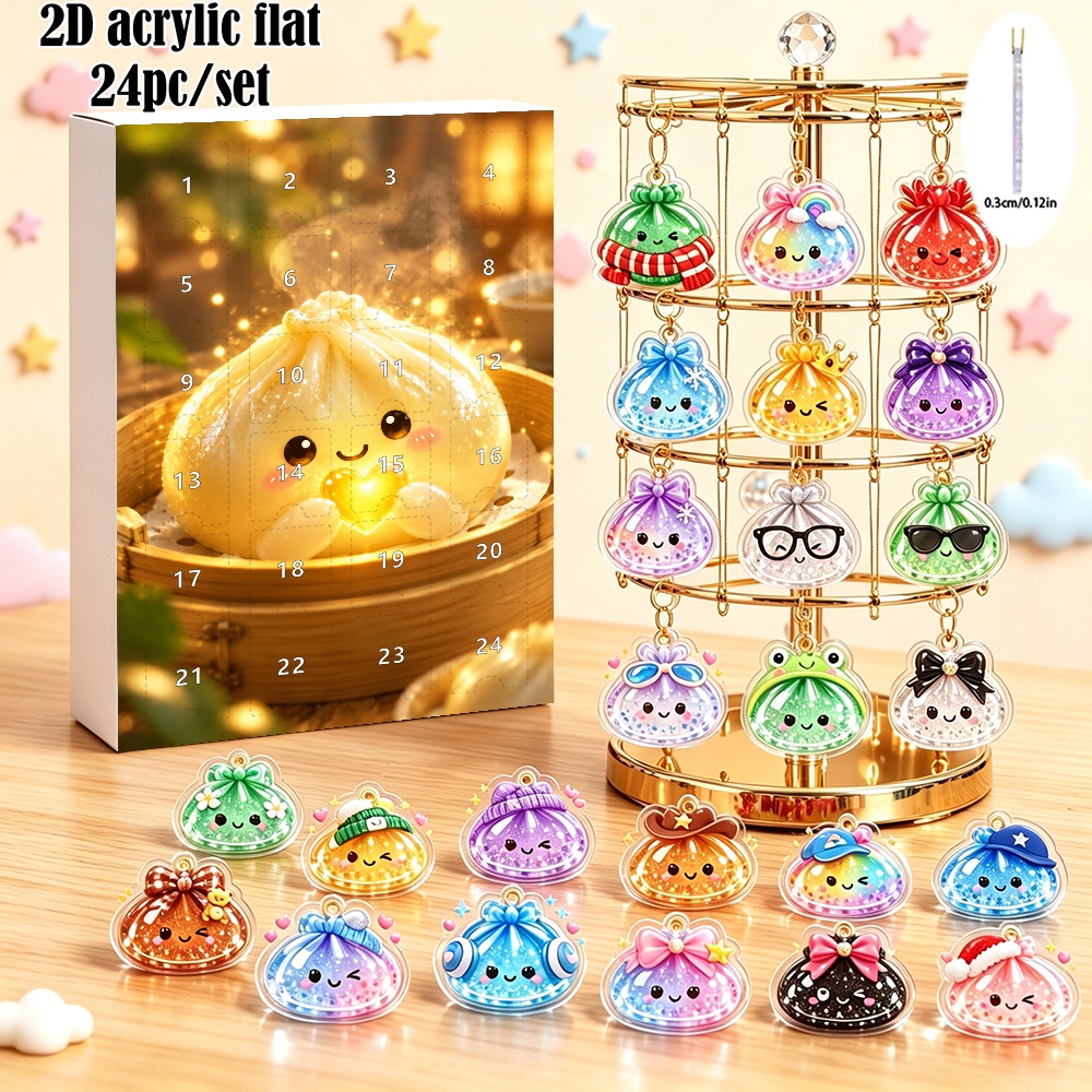 TEMU Plat 2D, Plat 2D, 24 pièces/lot, Calendrier de l'Avent de décorations de Noël Kawaii, 24 breloques plates à suspendre en acrylique avec des