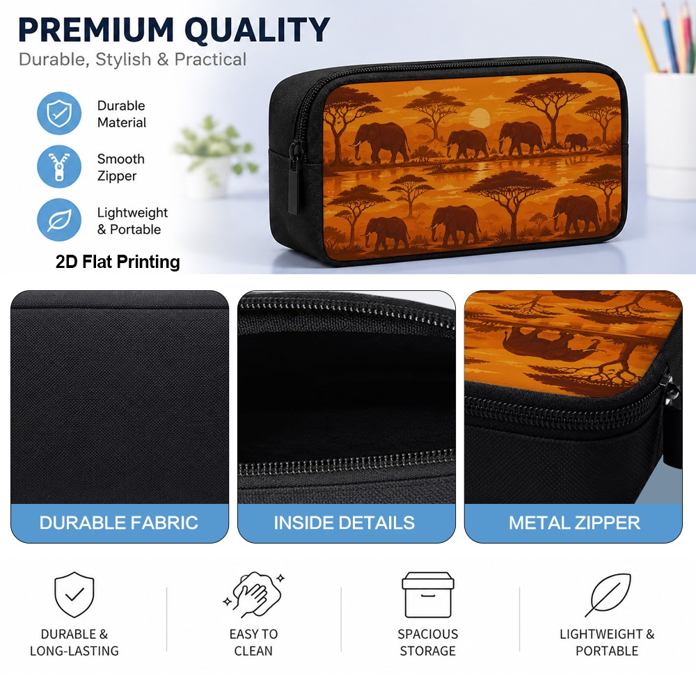 item picture 1pc african   sunset elephants pencil case suitable for   travel compact portable zipper organizer with   african themed durable fabric cover smooth zipper closure for 2d flat
