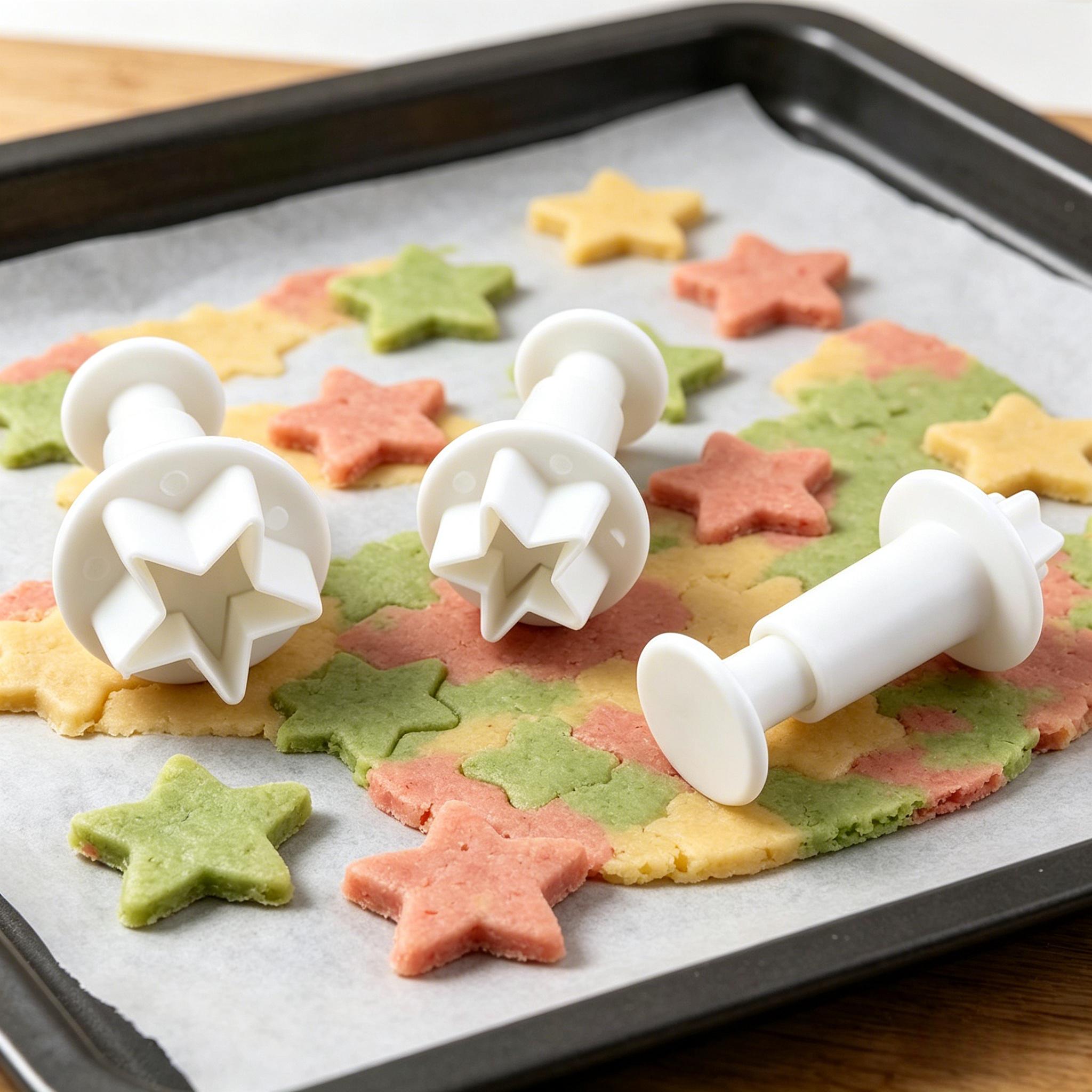 TEMU Juego de 3 moldes para galletas de prensado de estrella de puntas - Cortadores de galletas geométricos de plástico para caramelos, manualidades