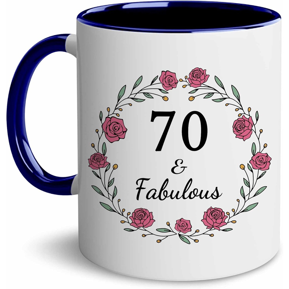 TEMU 1pc 11oz Funny 70th Birthday Coffee Mug For Women - "70 & Fabulous" Cup With & Green Leaves - White Mug With Blue Handle - Perfect Milestone Gift For Her - Dishwasher Safe & Reusable, Coffee Cup