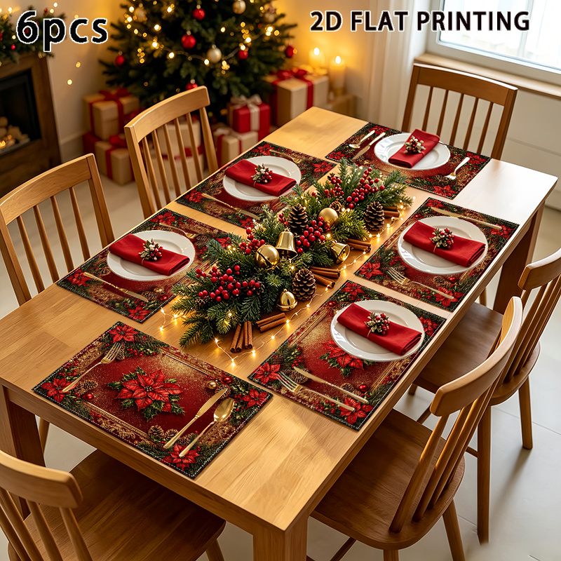 TEMU 4/6pcs Luxurious Red And Golden Christmas Floral Frame Placemats With Christmas Red Berries And Fir Branches - 12x18 Inch Polyester Table