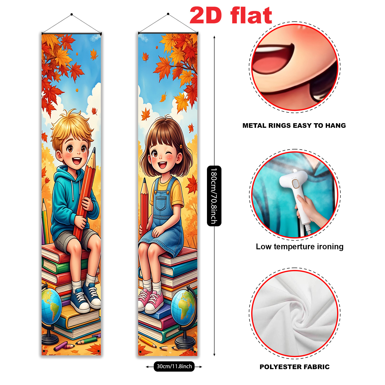 TEMU 2d Flat, 2pcs Set Of 2d Flat Banners, Polyester Material, Cartoon-style Autumn Campus Themed Decorative Couplets, Perfect For Fall Welcome