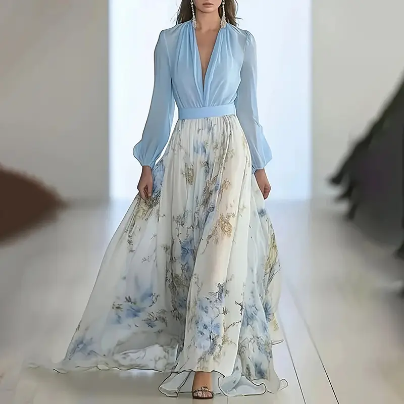 womens elegant deep v neck floral print maxi dress with long sleeves a line waist ruffle hem light blue golden spring summer vacations vacation dress boho polyester fabric Product details 0