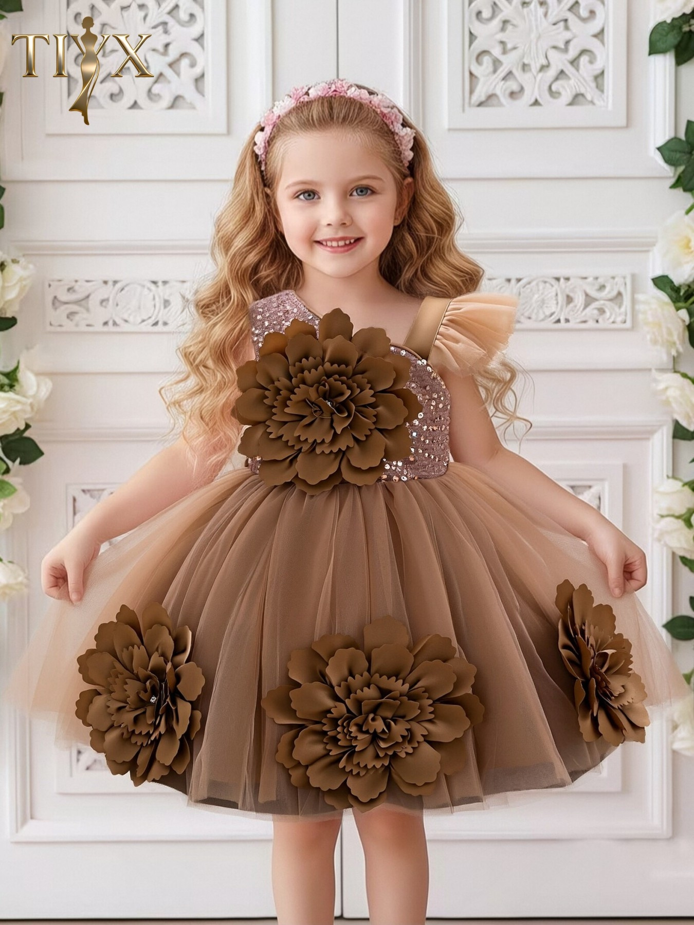 brown flower girl dress Shop Blush Girl Dress, Peach Princess Dress, 1st Birthday Dress, Toddler Gown Dress, Girl Flower Dress, First Communion Dress, Christening Dress - main image 1