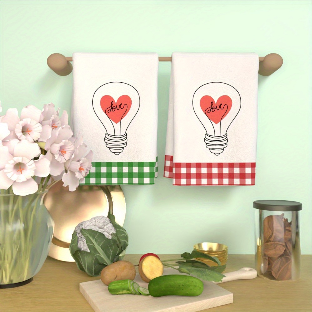 2pcs valentine s day heart bulb design kitchen towels - 45.72x66.04cm, super absorbent &  , soft polyester, ideal for kitchen, bathroom & more, perfect gift, bathroom towels|decorative towels|machine washable, dish towels details 0