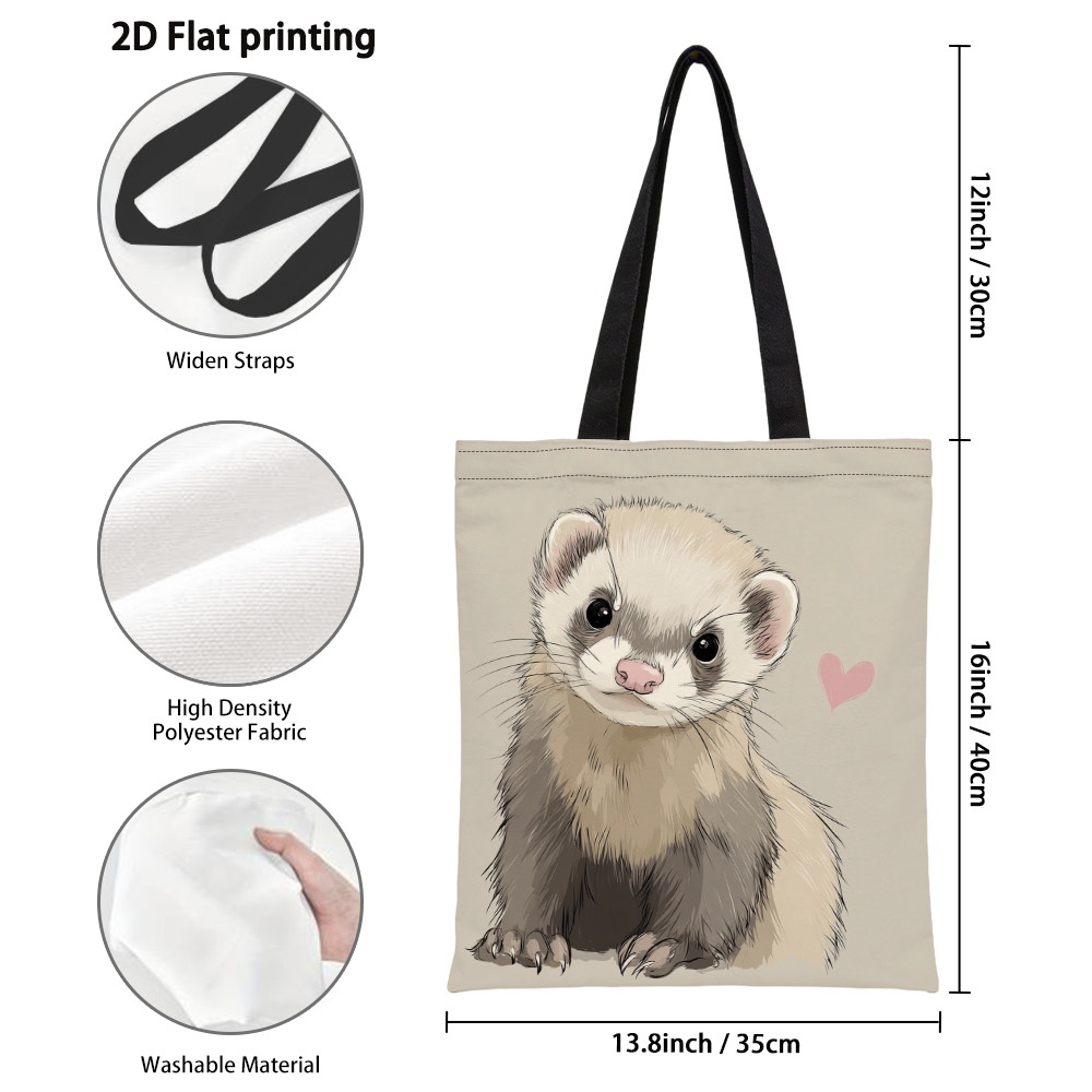 TEMU 1pc Cute Ferret Tote Bag Suitable For Beach, Grocery & Daily Use - Double-sided Ferret Print Reusable Bag, Durable Polyester Shoulder Bag With
