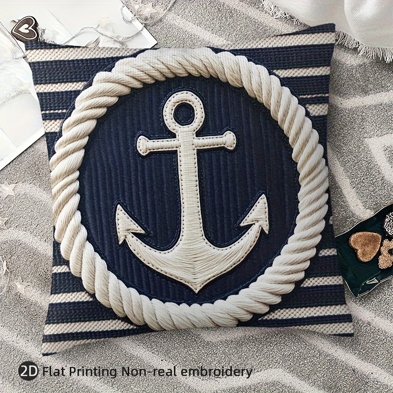 TEMU 1pc Nordic Style Navy Ship Anchor Stripe 2d Printed Polyester Cushion Cover, Square Pillowcase For Home Soft Furnishing, Suitable For Living