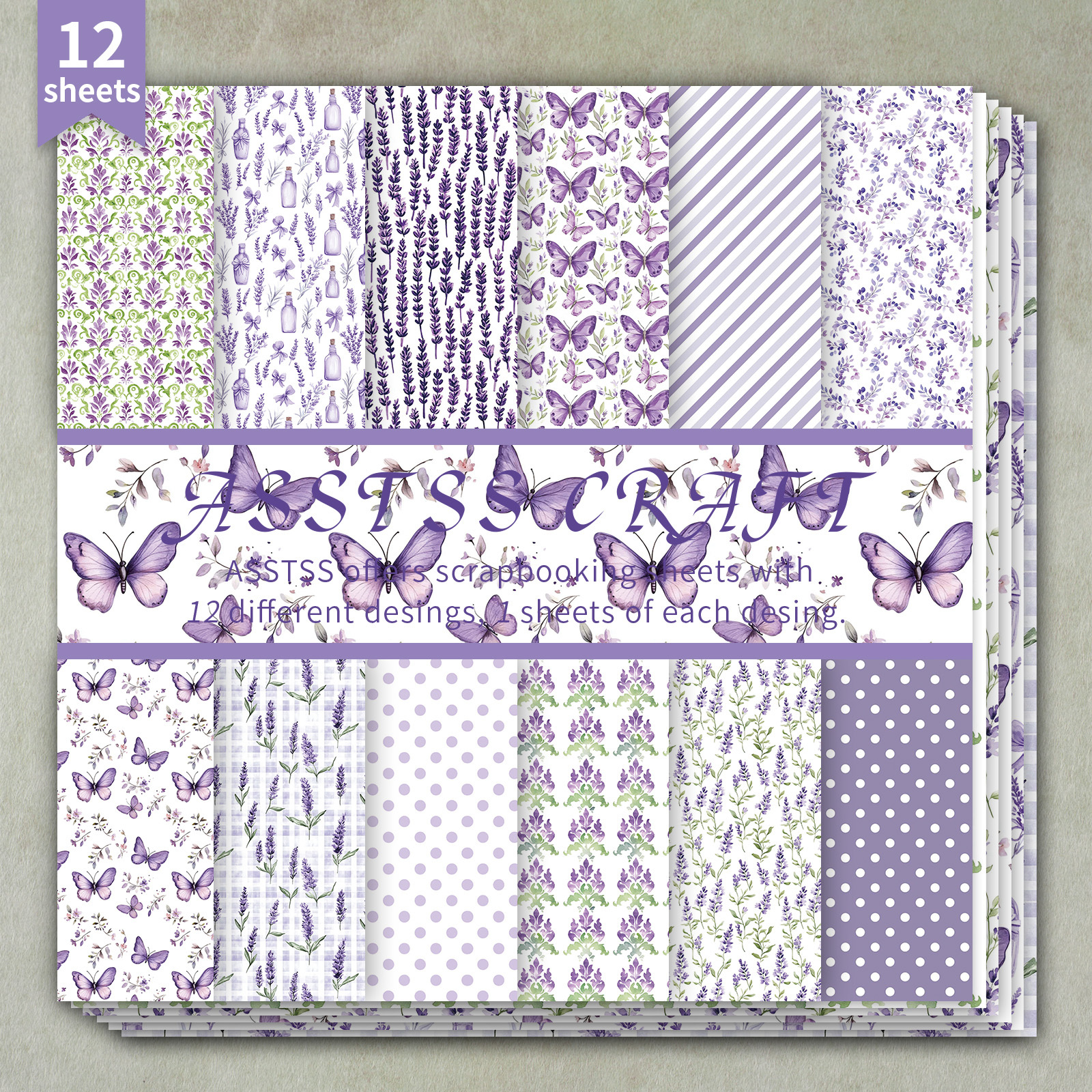 TEMU 12-sheet Asstss Heavyweight Scrapbooking Paper Pad Suitable For Journaling, Collage Art & Crafts - Purple Lavender Watercolor Backing Sheets,