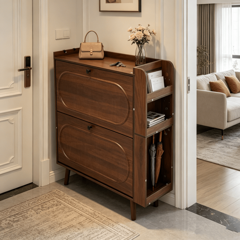 Image of 2 Flip-drawer Shoe Cabinet, Free Standing Shoe Rack With 2 Drawers And Side Open Shelf, Slim Shoe Cabinet With Hooks, Ideal For Hallway, Entryway