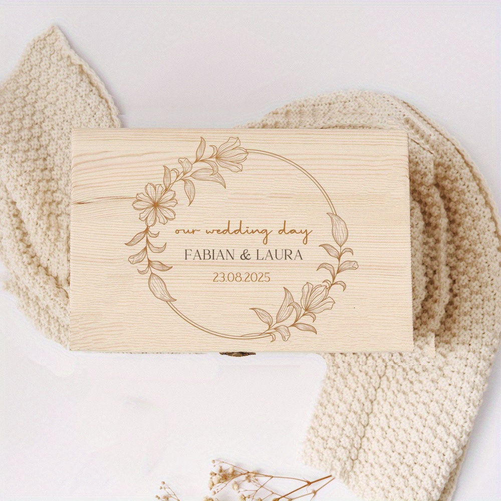 TEMU Personalized Wedding Gift Box With Couple Names & Date - Retro Lid Suitable For Crafts, Wood Box For Wedding Favors,, Photo Display, Name/text