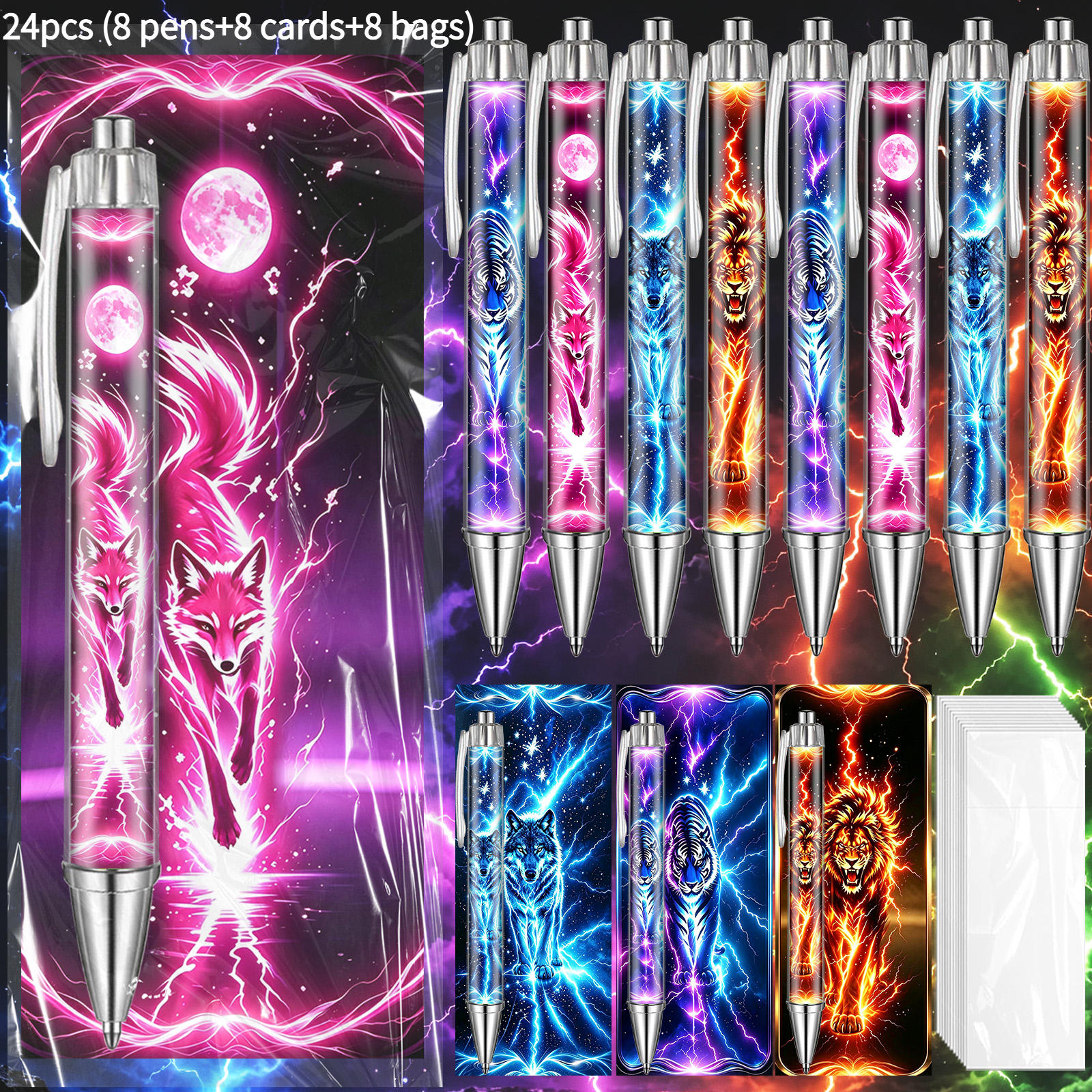 TEMU 24pcs/8 Sets Cool Neon Starry Lightning For Design Ballpoint Pen And Card Set, Printed Patterns Of Tiger, Wolf, Lion, And Fox, -lovers Gift,