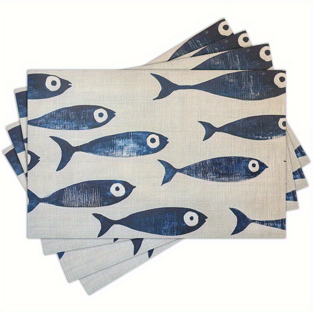 TEMU Jit4 Set Of Linen Placemats, Blue Fish School Placemats Measuring 12x18 Inches, Suitable For Kitchen And Dining Room Decor, Family Gatherings,