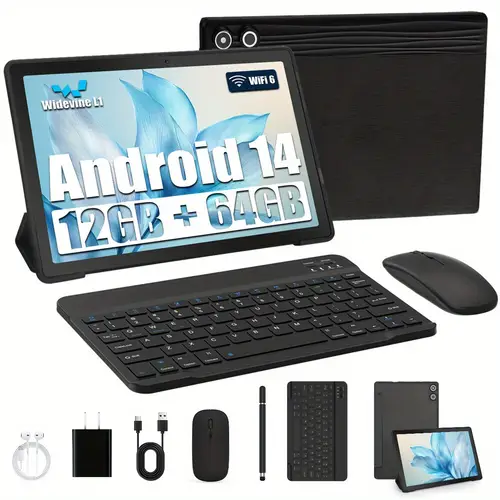 android 14 2 in 1 tablet 10 1 inch core 12gb 64gb storage 1tb memory card slot 5mp 8mp face unlock dynamic rear camera headphones wireless mouse keyboard stylus case type c charging multimedia tablet sleek tablet design highresolution display
