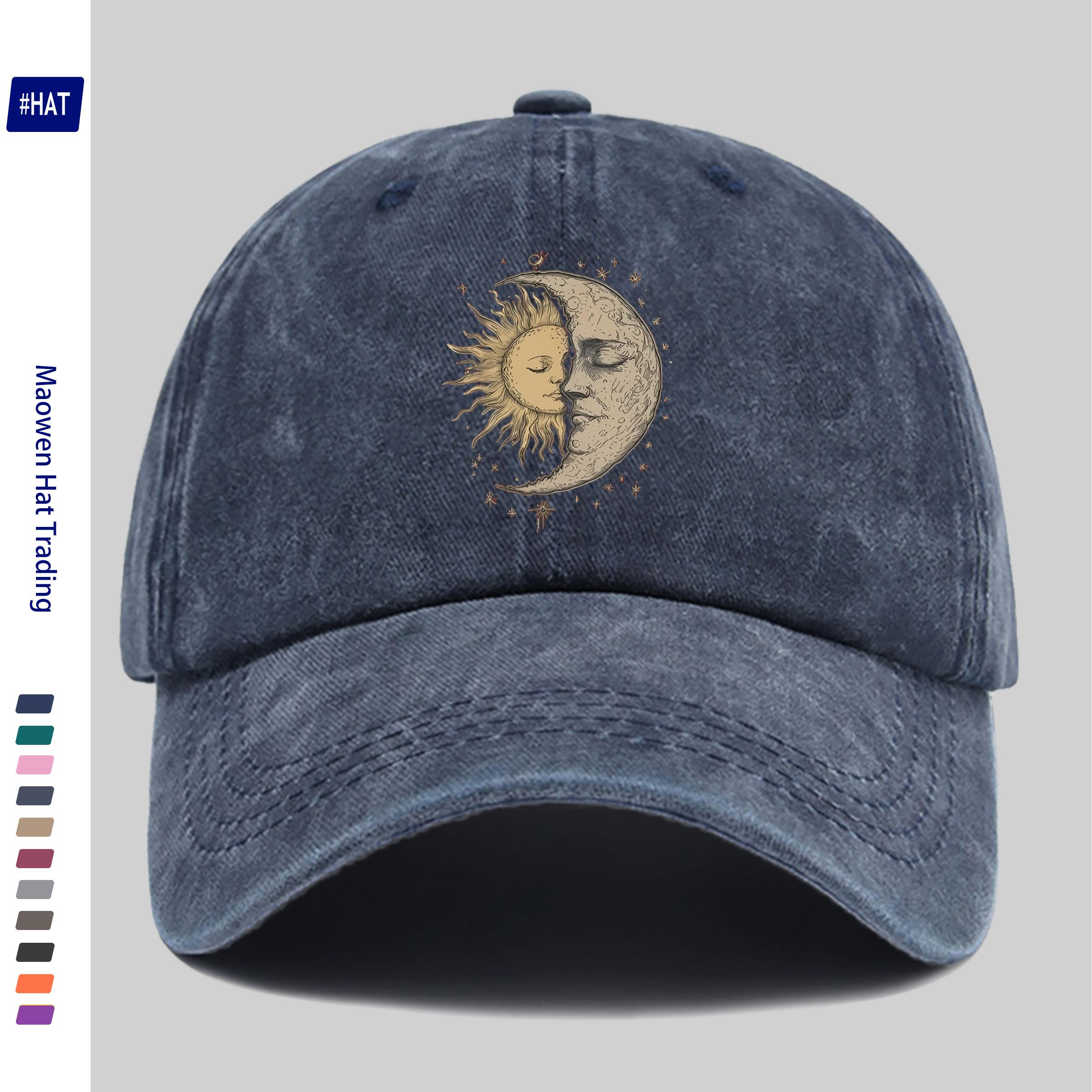 TEMU 1 Casquette de baseball d'été unisexe réglable avec un design vintage délavé et usé, présentant une impression bohème d'une ancienne céleste et