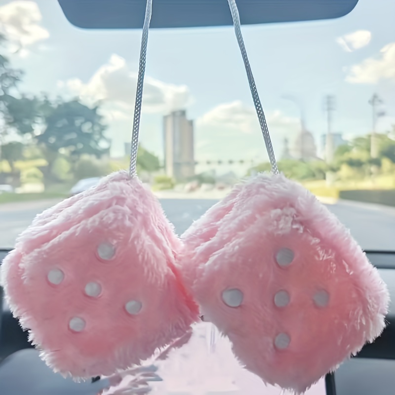 Image of Pink Fuzzy Dice Car Mirror Hanging Accessory- Soft Plush-like Flocking With Heart& Adjustable Rope/suction Cup, Cute Rearview Mirror Decor, Women, Fit, Trucks, Suvs(pink& White)
